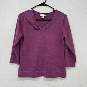Coldwater Creek Purple 3/4 Sleeve V Neck Knit Sweater Womens M Merino Wool Blend